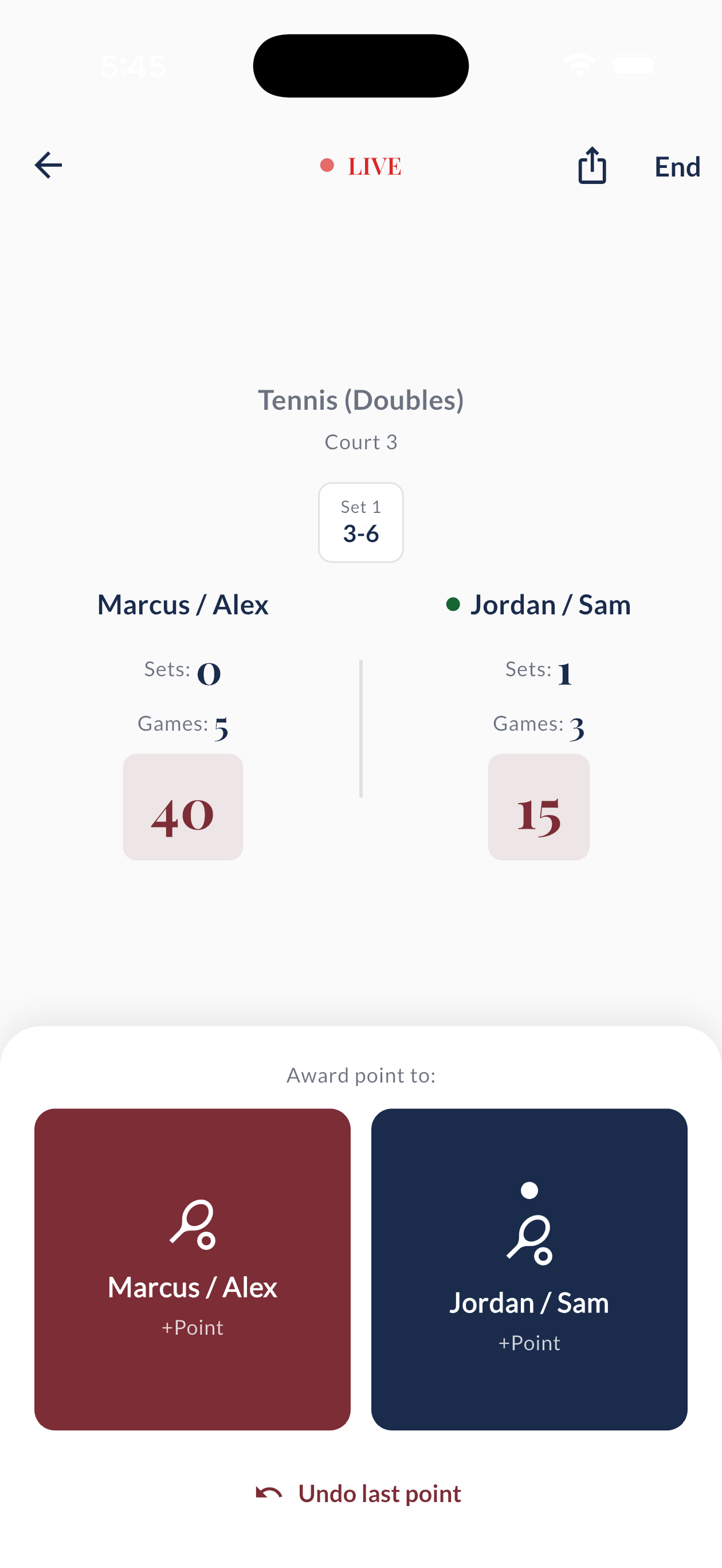 Volley app live scoring interface
